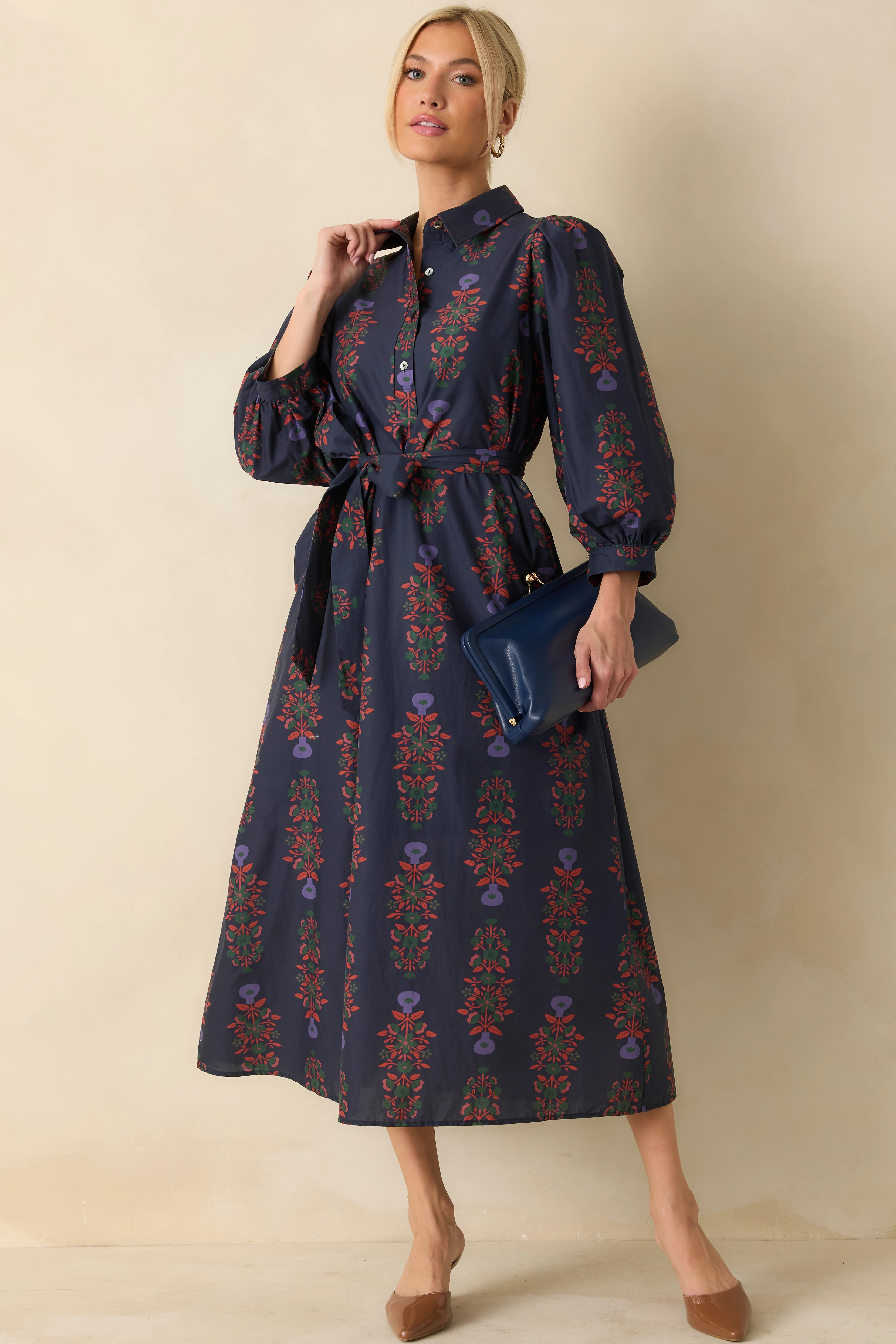 Midnight Bloom Navy Multi Floral Print Cotton Button Up Maxi Dress | Red Dress