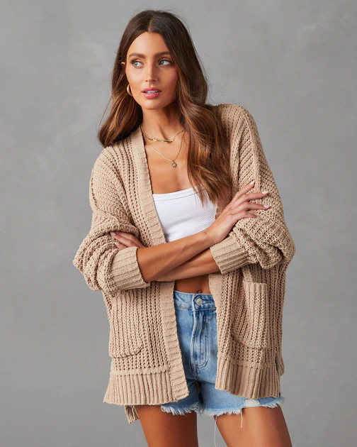 Kudos Pocketed Chenille Knit Cardigan - Taupe | VICI