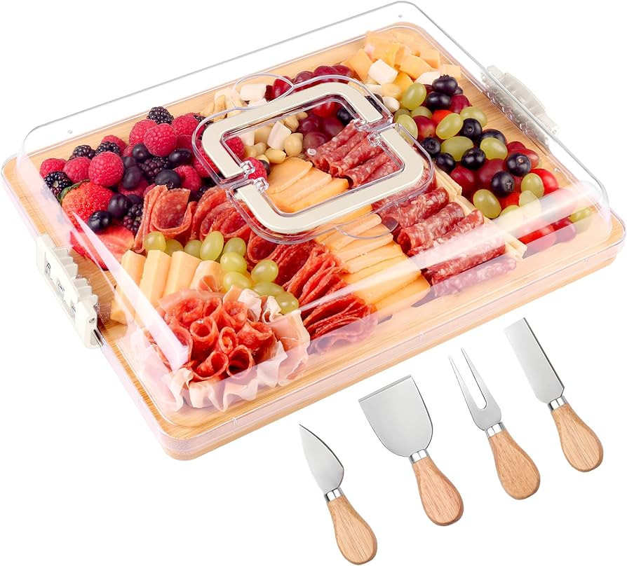 Charcuterie Board with Lid and Handle - Portable Travel Design Bamboo Cheese Board Set with 4 Che... | Amazon (US)