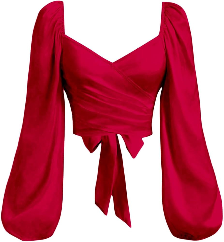 SOLY HUX Women's Lantern Long Sleeve Wrap Ruched Bow Tie Blouse Sweetheart Neck Satin Going Out C... | Amazon (US)