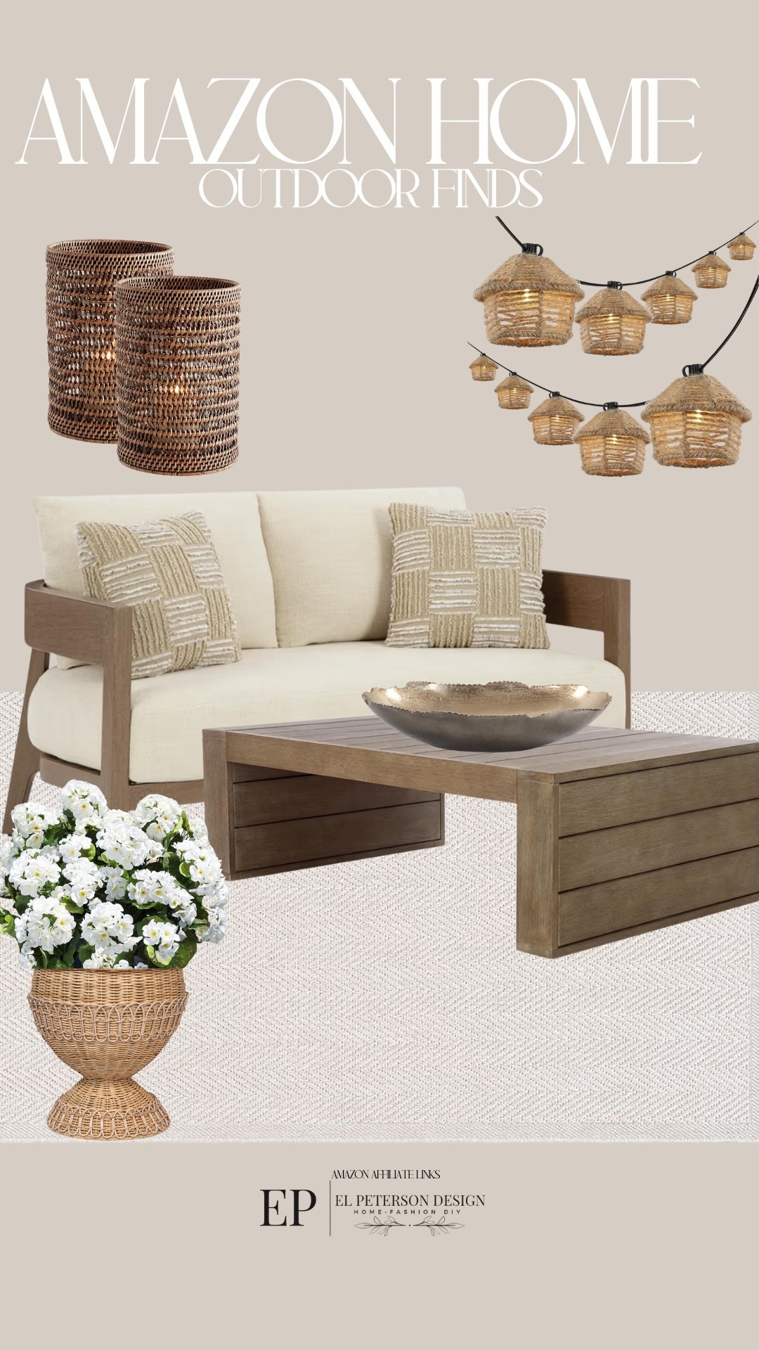Amazon 
Outdoor coffee table
Rug
Bowl
Outdoor string lights
Potted plant
Planter
Loveseat
Lantern

#LTKHome