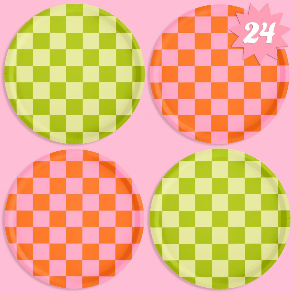 xo, Fetti Pink + Green Checkered Paper Plates - 24 pk, 9" | Bachelorette Fiesta Decorations, Cute... | Amazon (US)