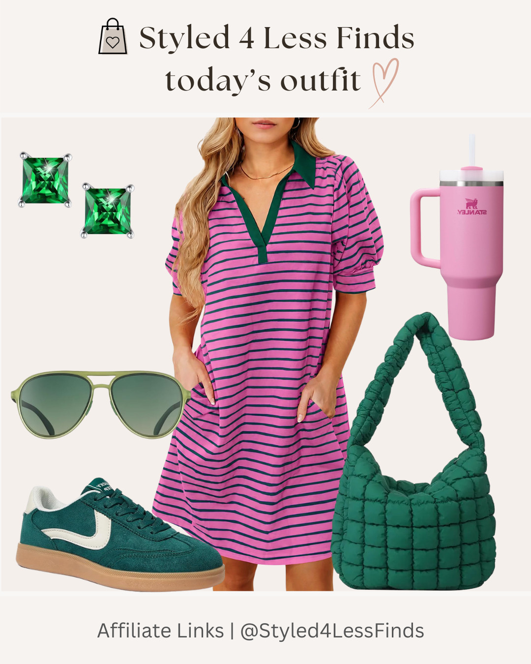 This pink + emerald green combo is such a fun way to add a pop of color while still looking polished! The sporty striped dress is effortless, and pairing it with matching green accessories ties the whole look together perfectly. Bonus points for comfy sneakers that keep you stylish on the go! 💚🩷

✨ Style Tip:
When wearing a bold color, repeat your accent color in at least two accessories (like your bag, shoes, or earrings). It creates a cohesive, elevated look without feeling overdone. 

 #LTKcanada #LTKdresses #LTKover50style