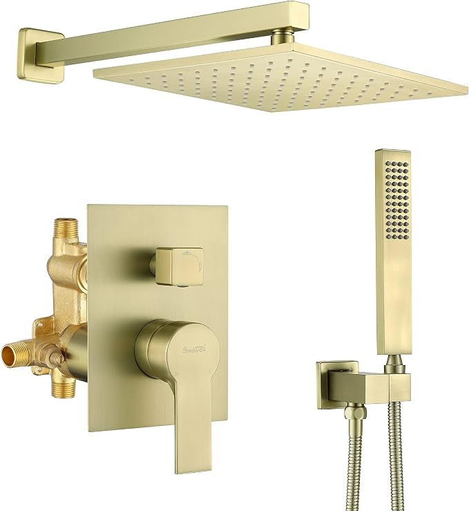 SHAMANDA Brass Rainfall Shower System, Luxuly Bathroom Shower Faucet Combo Set Brushed Gold(Inclu... | Amazon (US)