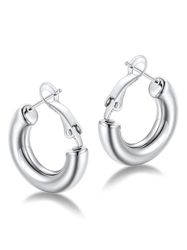 Amazon.com: FaithHeart Small Chunky Silver Hoop Earrings for Women, 20mm Stainless Steel Thick Si... | Amazon (US)