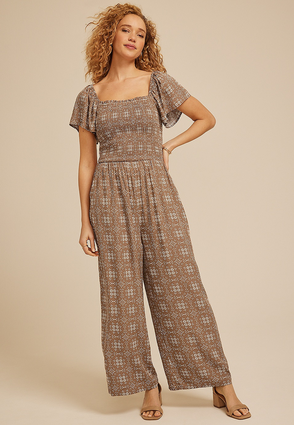 Printed Smocked Square Neck Jumpsuit | Maurices