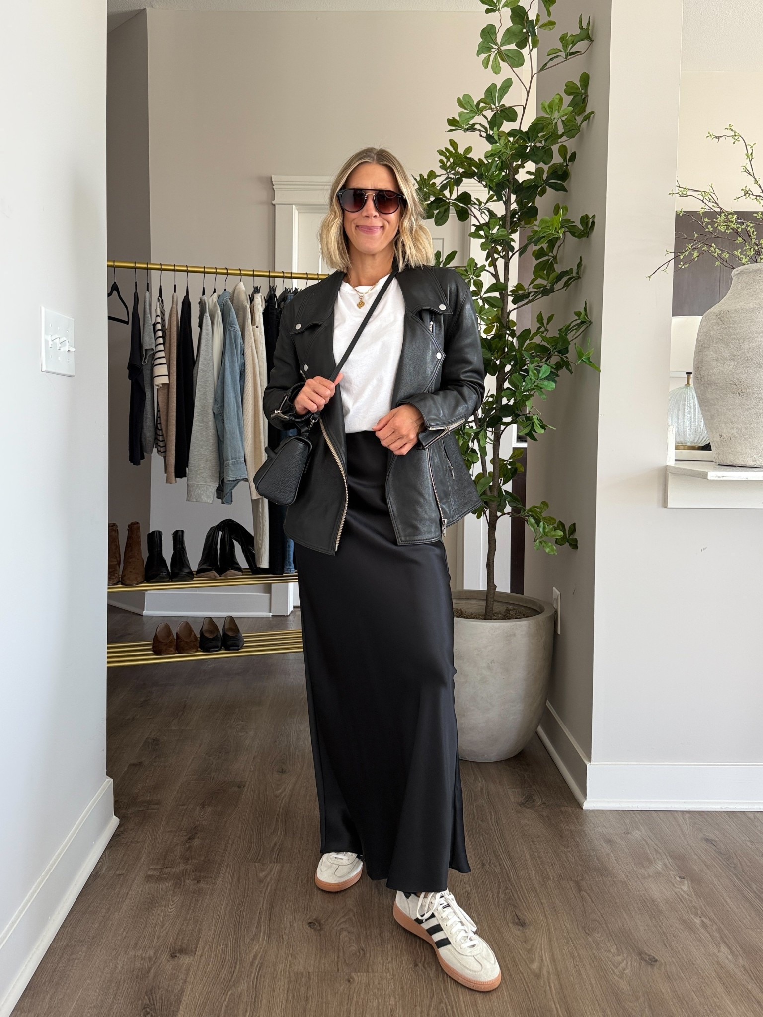 Wearing small silk skirt, small tee, small leather jacket, sneakers tts 

#LTKFindsUnder100 #LTKOver40 #LTKStyleTip