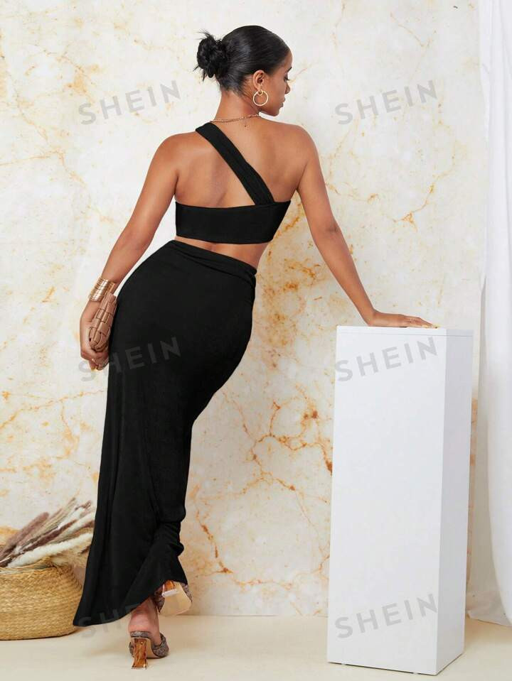 SHEIN BAE One Shoulder Crop Top & Twist Front Split Thigh Skirt | SHEIN