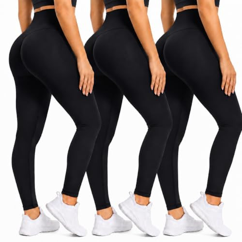 TNNZEET 3 Pack Leggings for Women - Tummy Control High Waisted Soft Yoga Pants for Workout Gym Running Black/Black/Black | Amazon (US)