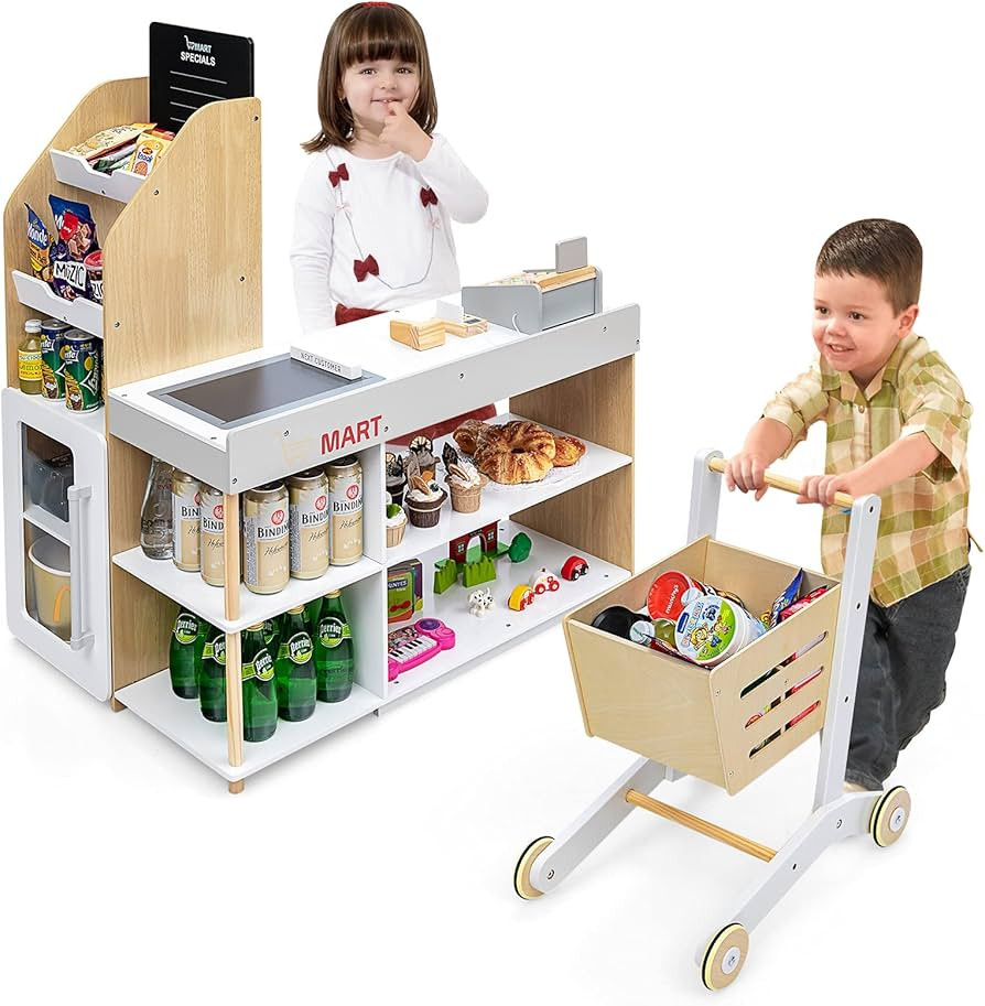 Costzon Pretend Grocery Store Playset, Wooden Supermarket Toy Set for Kids with Chalkboard, Cash ... | Amazon (US)