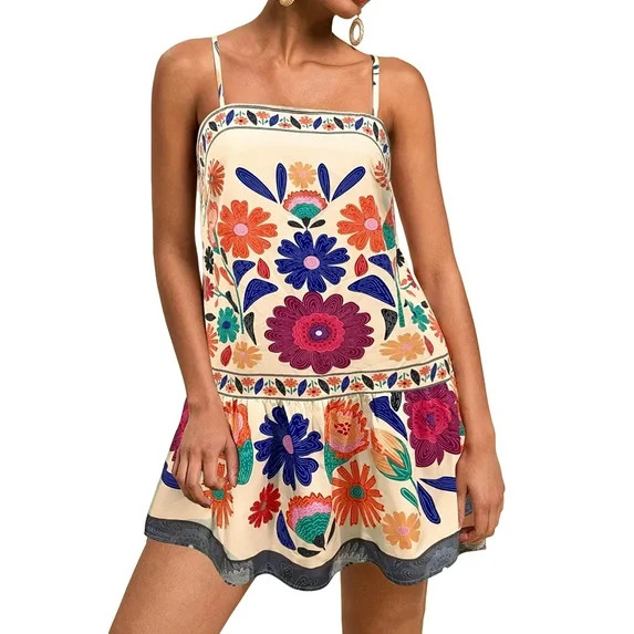 Women'S Floral Boho Flowy Mini - Dress Ruffle Hem Spaghetti Strap Vacation Tank Dresses  S | Walmart (US)