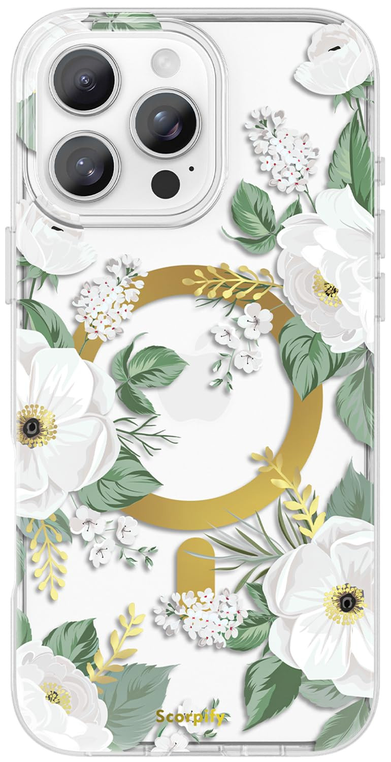 SCORPIFY for iPhone 16 Pro Max Case [Compatible with MagSafe] with White Rose Floral Design, Cute... | Amazon (US)