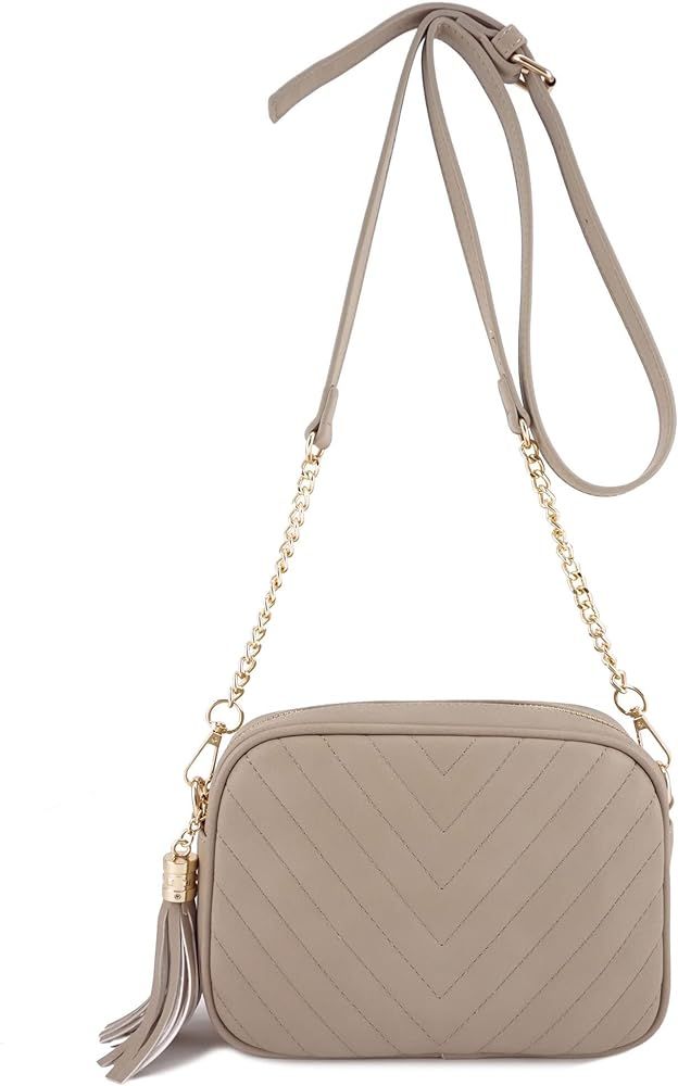 Simple Shoulder Crossbody Bag With Metal Chain Strap And Tassel Top Zipper (Beige): Handbags: Ama... | Amazon (US)