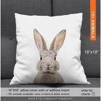 Bunny Rabbit Pillow, Woodland Nursery Cushion, Pillowcase, Pillow Cover, Baby Animal Throw 18x18 | Etsy (US)