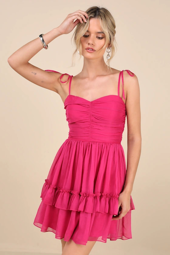 Angelic Approach Hot Pink Chiffon Ruffled Tie-Strap Mini Dress | Lulus