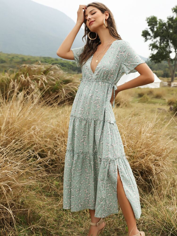 Ditsy Floral Lettuce Frill Ruffle Hem Split Dress | SHEIN