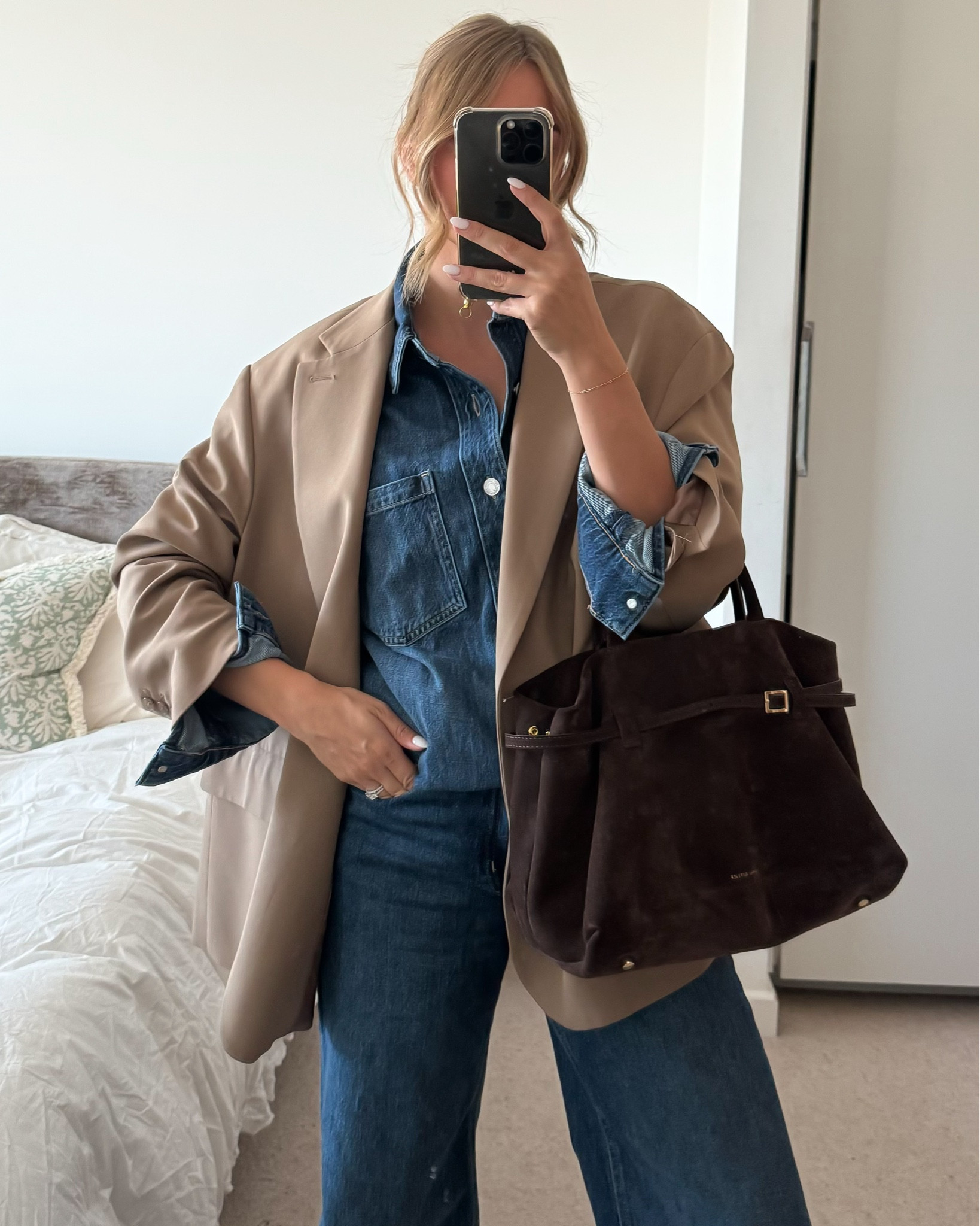 Double denim / office outfit / oversized blazer
H&M denim shirt - dark indigo, size small 
H&M wide leg jeans size 10 
Frankie shop bea oversized blazer 
