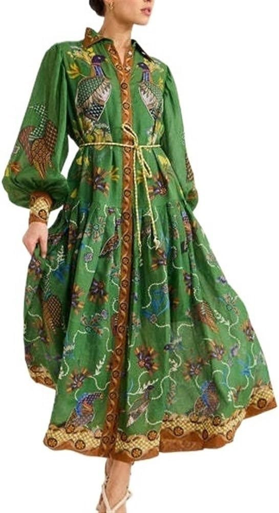 Women's Single Breasted Long Lantern Sleeve Graffiti Print Flower Print Tie Up Waist Long Dress | Amazon (US)