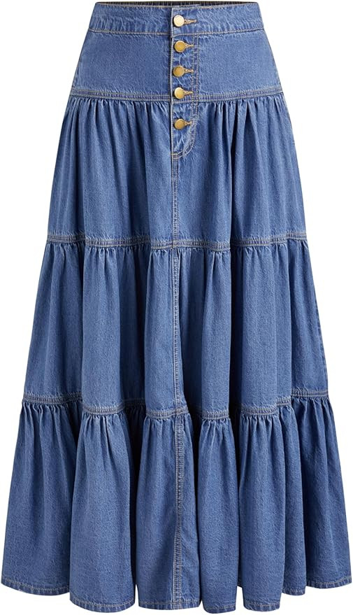 CIDER Women’s Long Jean Denim Tiered Button Down High Waisted Maxi Skirts | Amazon (US)