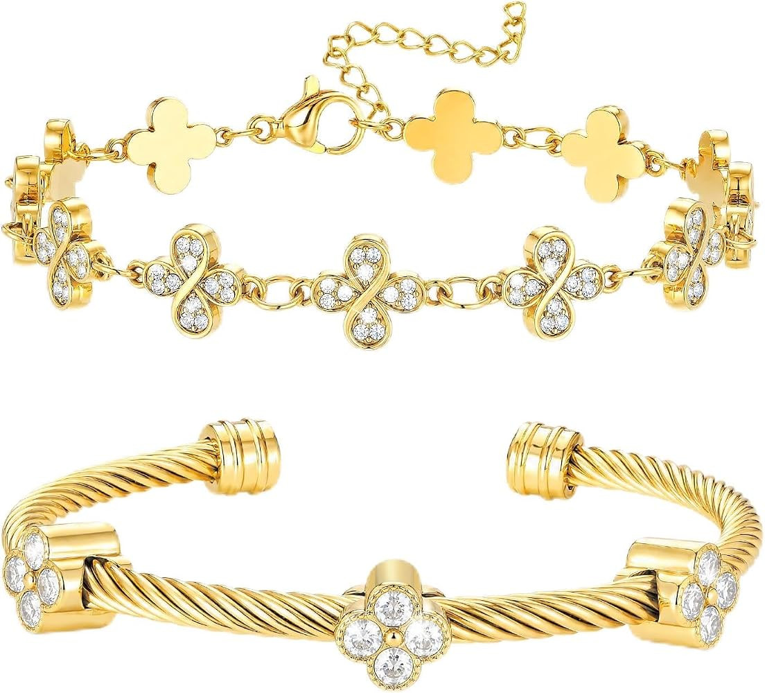 18K Gold Plated Bracelet for Women Four-Leaf Clover Stackable Bracelet | Amazon (US)