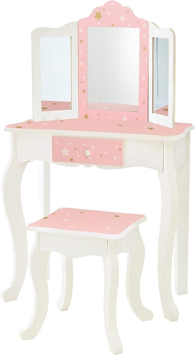 Teamson Kids Pretend Play Kids Vanity, Table & Chair Vanity Set with Mirror, Girls Makeup Dressin... | Amazon (US)