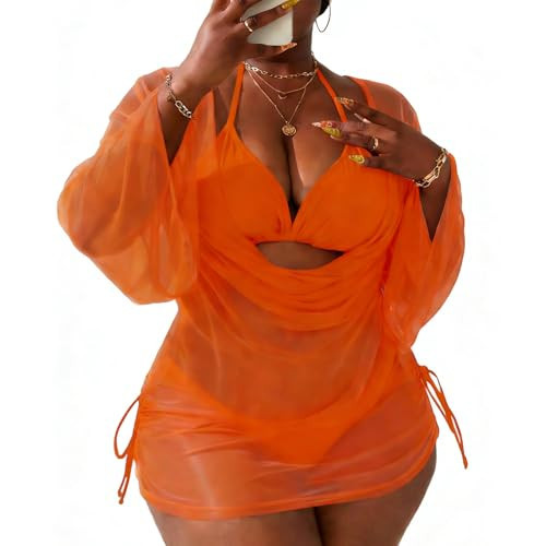 YELAIVP Orange Sexy Plus Size Swimsuits for Women 3 Piece Bikini Sets for Women Orange Plus Size Bathing Suit | Amazon (US)