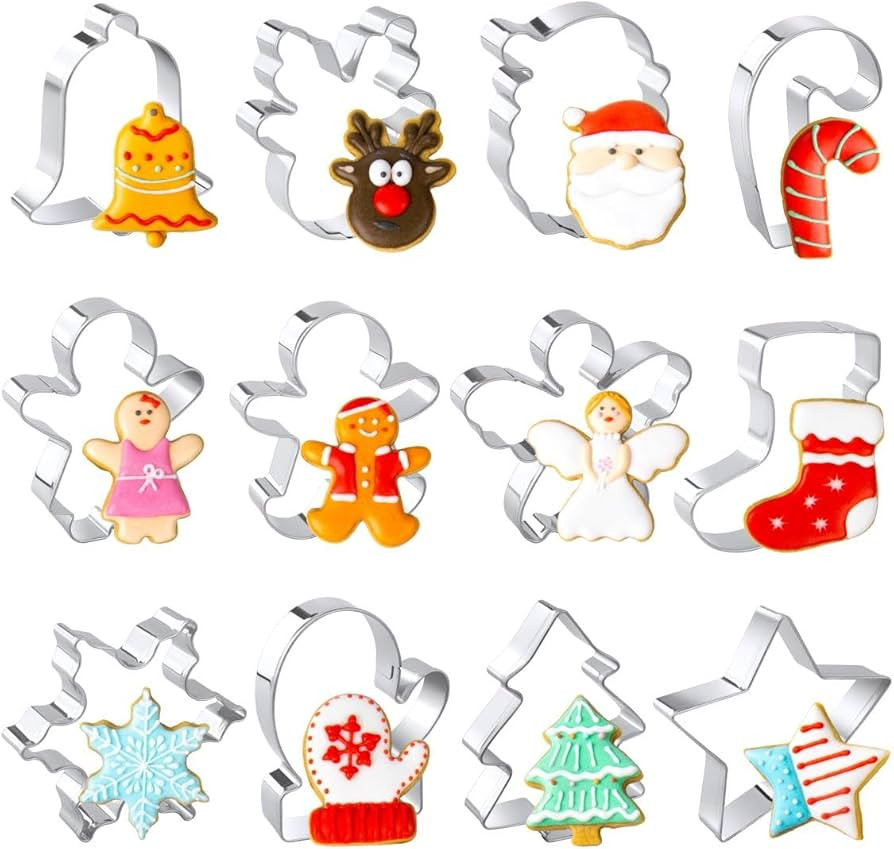 Christmas Cookie Cutters Set, 12 Pieces Stainless Steel Metal Christmas Cookie Cutters Shapes - G... | Amazon (US)
