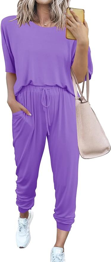 PRETTYGARDEN Women's Two Piece Outfit Short Sleeve Pullover with Drawstring Long Pants Tracksuit ... | Amazon (US)