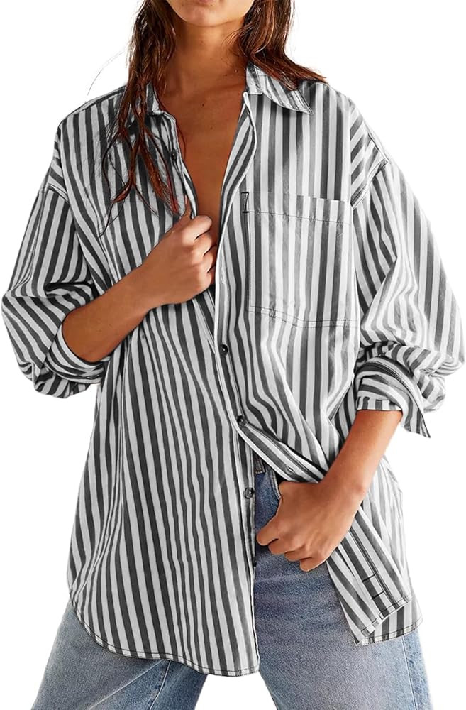 CHYRII Womens Overisized Striped Button Down Shirt Casual Long Sleeve Blouse Top | Amazon (US)