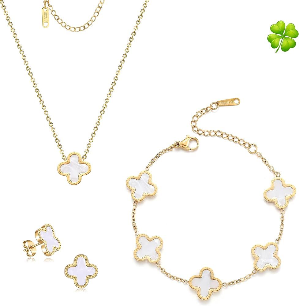Lucky Clover Sets,18K Gold Plated Four Leaf Bracelet,Clover Necklace Pendant,Clover Earrings for ... | Amazon (US)
