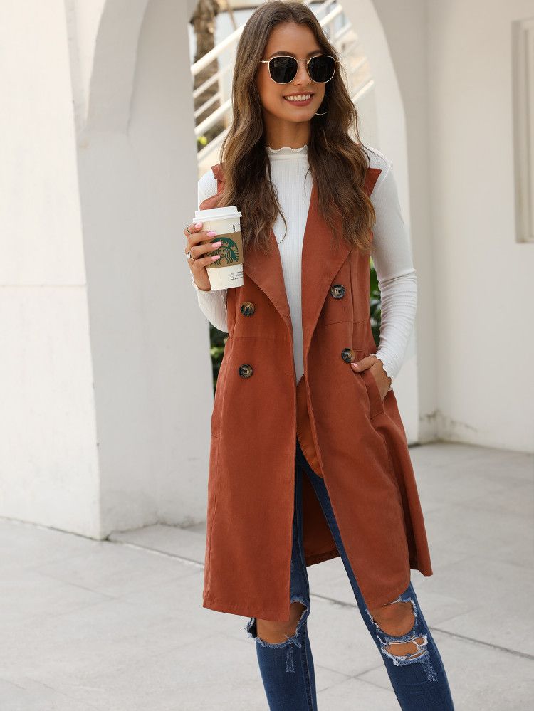 Solid Double-breasted Waterfall Collar Trench Vest | SHEIN