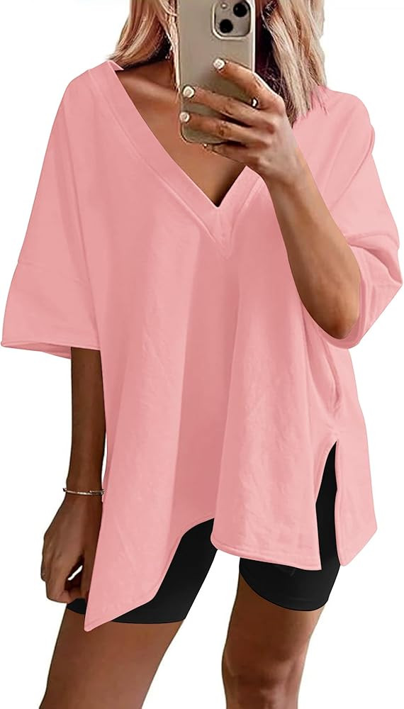 Ekouaer Womens Pajamas 2 Piece Lounge Sets Oversized V Neck T-Shirts Tops Biker Shorts Set Workou... | Amazon (US)