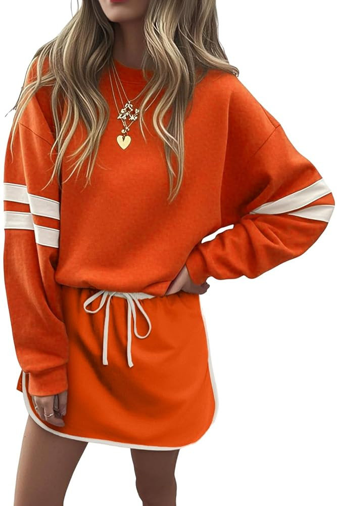 KevaMolly Womens Skirt Sets Varsity Stripe Detail Drop Shoulder Pullover Mini Skirt Set Casual Tw... | Amazon (US)