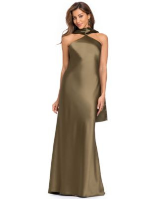 Xscape Women's Halter Satin Scarf-Detail Dress - Dark Olive | Macy's