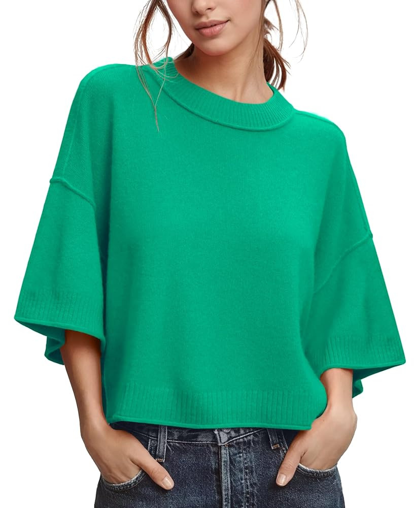 ZDC Women's Oversized Sweaters Summer 3/4 Sleeve Casual Cropped Tops Lightweight Loose Fit Knit P... | Amazon (US)