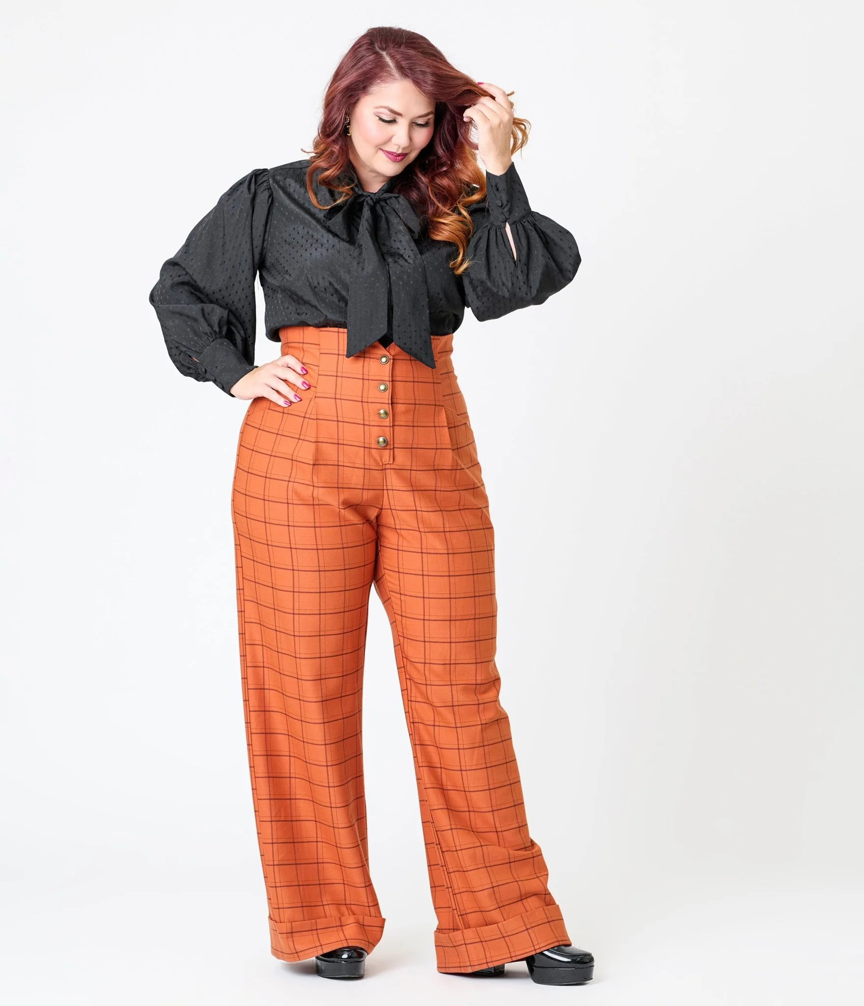 Unique Vintage Plus Size Orange Windowpane Buttoned Wide Leg Trousers | UniqueVintage