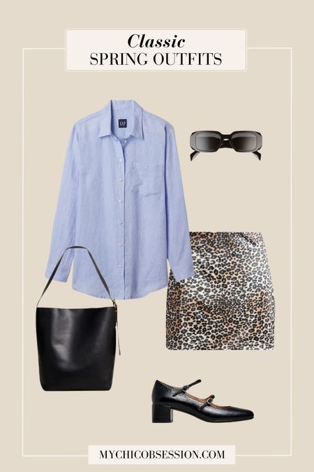 Create a spring outfit with these classic pieces. Start with a trending leopard piece in the form of a mini skirt. On top, create contrast with a blue button down shirt. Add rectangular sunglasses, a leather bucket tote, and Mary Jane pumps to finish the look.

#LTKSeasonal #LTKstyletip