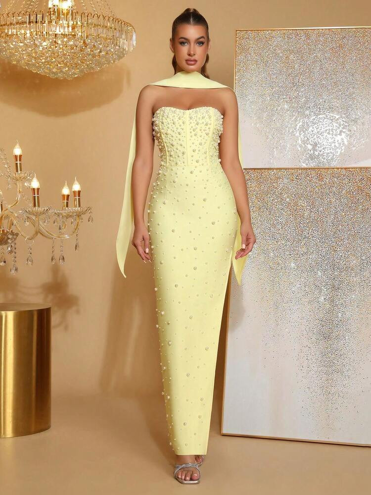 Rhinestone Strapless Split Thigh Tube Wedding Bridesmaid Dress,Holiday Party Bandage Dress | SHEIN