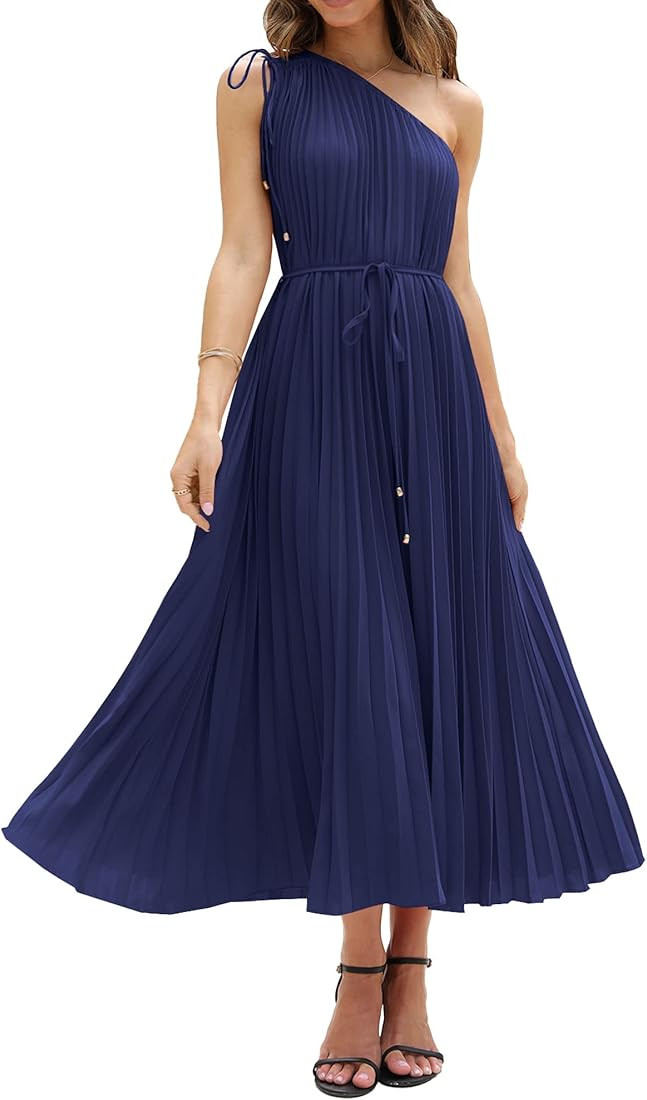 BTFBM Women's Drawstring One Shoulder Maxi Dresses Summer Sleeveless Tie Waist Pleated Long Flowy Pa | Amazon (US)