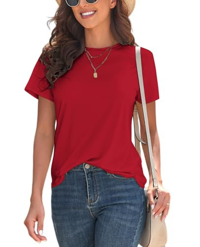 KevaMolly Basic Red T Shirts for Women UPF 50+ Short Sleeve Casual Solid Summer Tops Trendy Solid Loose Fit Tshirt S | Amazon (US)