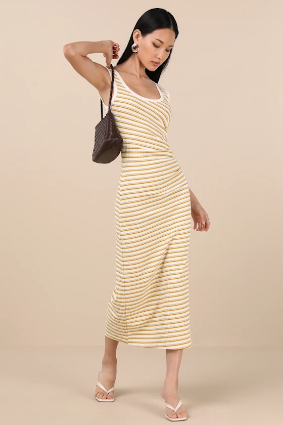 Edeva Yellow and Ivory Striped Knit Midi Dress | Lulus