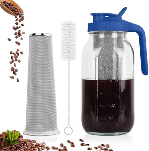 Cold Brew Coffee Maker,64 oz Mason Jar Pitcher with Stainless Steel Filter, Pour Spout Handle Lid... | Amazon (US)