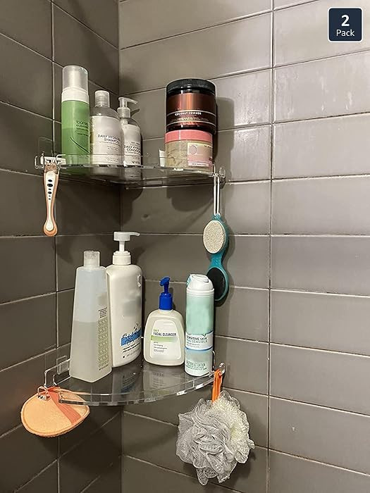 JiePai Acrylic Corner Shower Caddy Shelf with Hooks 2 Pack, Adhesive Wall Mounted Bathroom Shower... | Amazon (US)