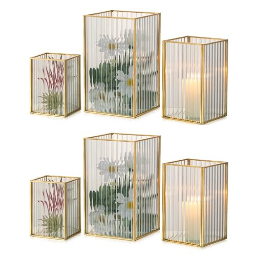 Hurricane Candle Holders for Pillar Candles: Square Gold Candle Holders Set of 6 Ribbed Modern Metal Candle Holder Centerpiece for Table Decorative Candle Holders for Wedding Home Decorations | Amazon (US)