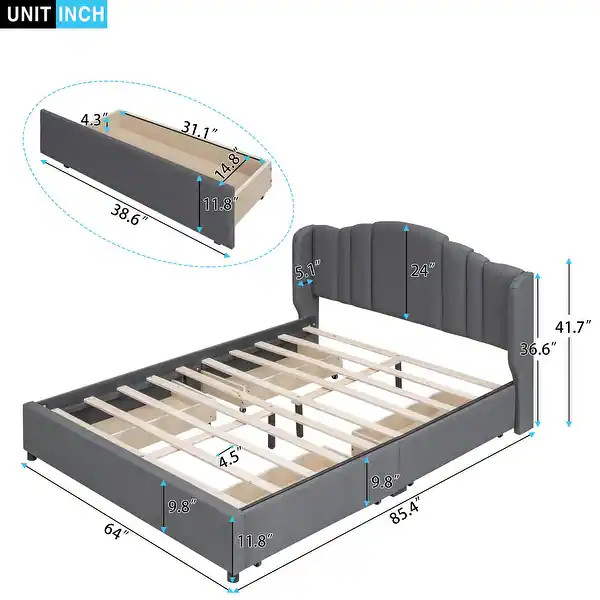 Linen Fabric Upholstered Platform Bed with Wingback Headboard and 4 Drawers | Bed Bath & Beyond
