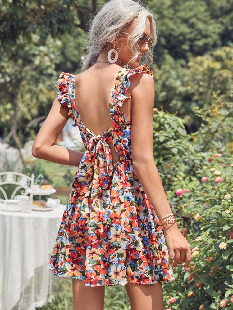 SHEIN Ruffle Armhole Tie Back Floral Print Dress | SHEIN