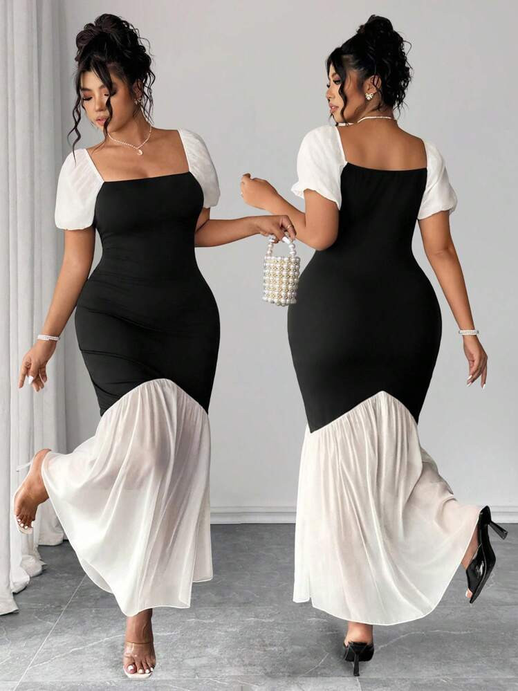 Elenzga Halloween Plus Size Women Black Mesh Splice Puff Sleeve Elegant Dress | SHEIN