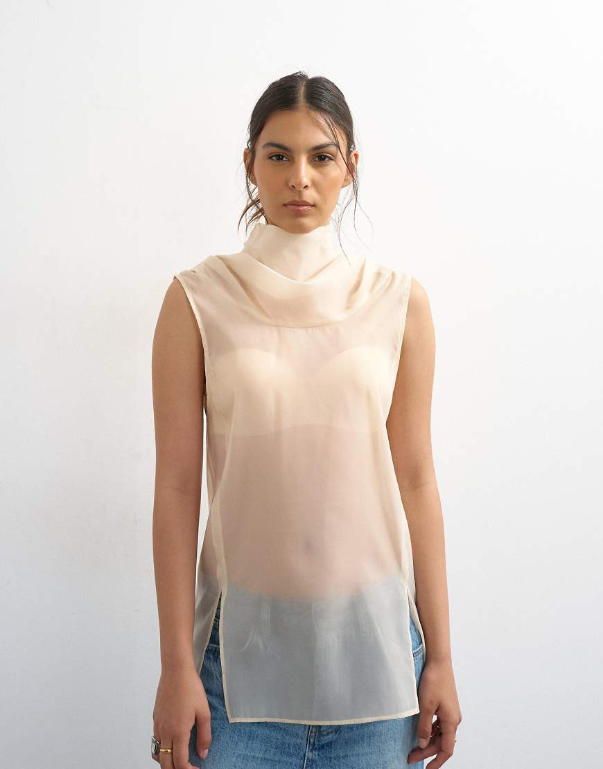 Topshop organza collapsed funnel neck top in oyster-White | ASOS (Global)