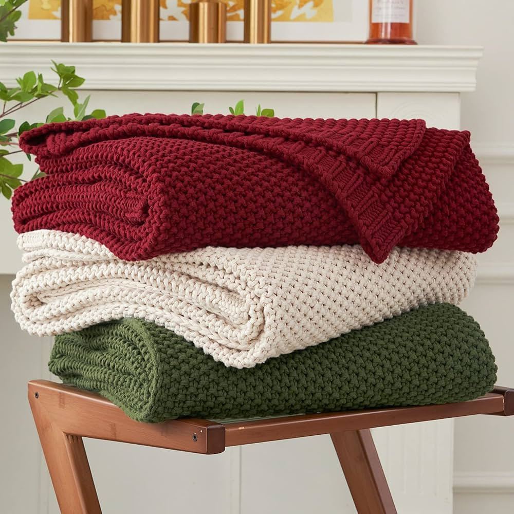 Chunky Cable Knit Throw Blanket Lightweight Wine red 100% Organic Cotton Blanket for Sofa Couch B... | Amazon (US)