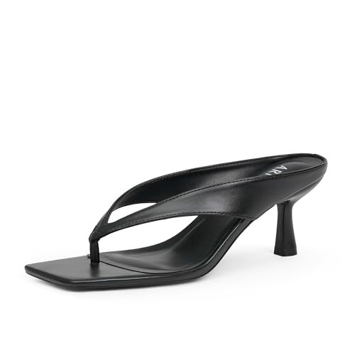 ARICOO Black Heels Strappy Sandals for Women Flip Flops 2 Inch Kitten Heels Black Thong Square Open Toe Small Low Short Heel for Women Faux Leather Sandals Comfortable Party Shoes Size 6.5 | Amazon (US)